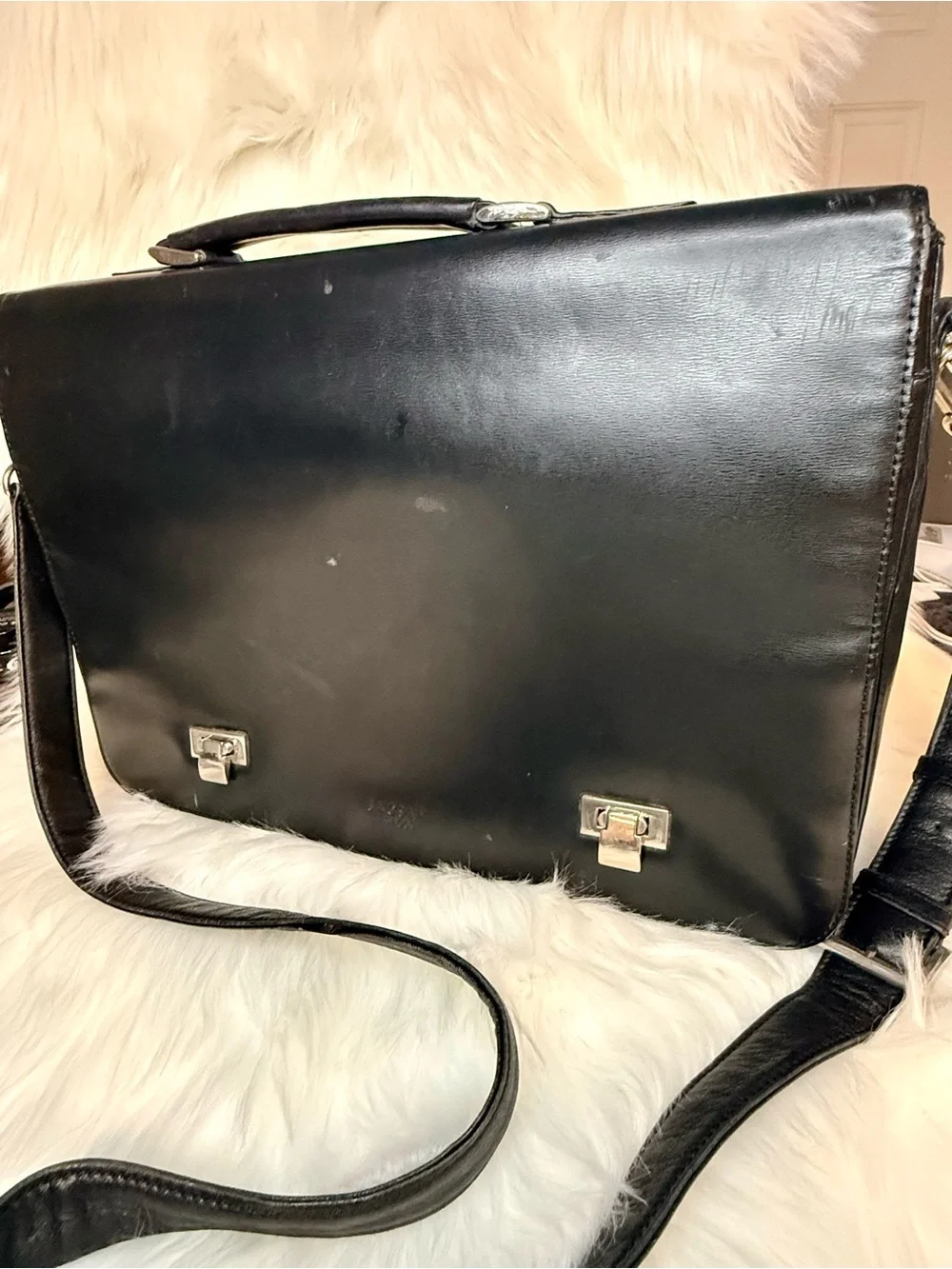 Classic Vintage Black Leather Messenger Bag